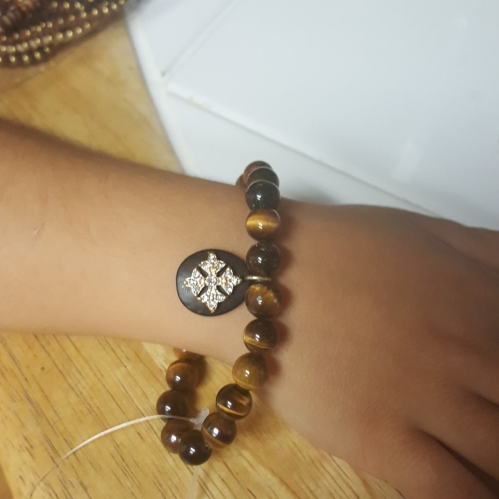 Eye of tiger with fleur de lis charm bracelet